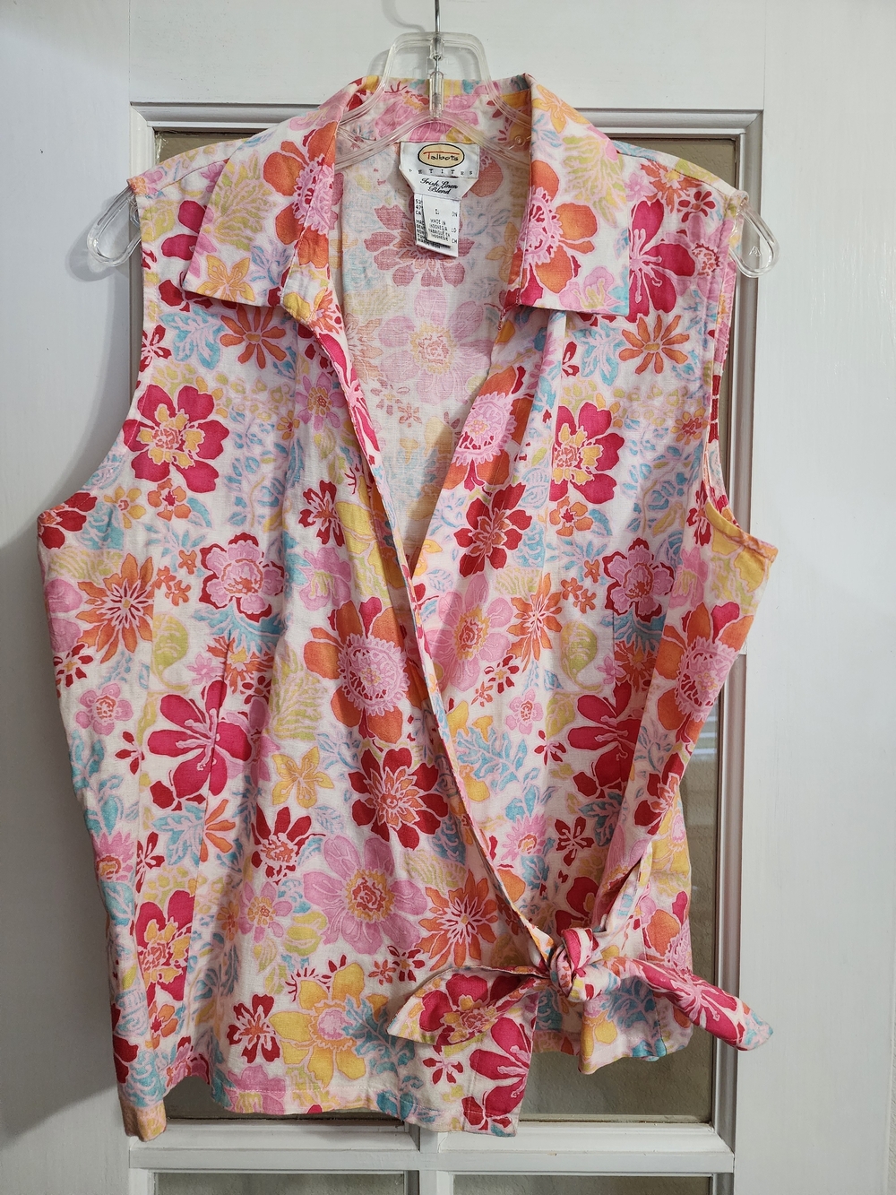 Talbots Vintage Irish Linen Blend Floral Wrap Top Petite L Tie Waist